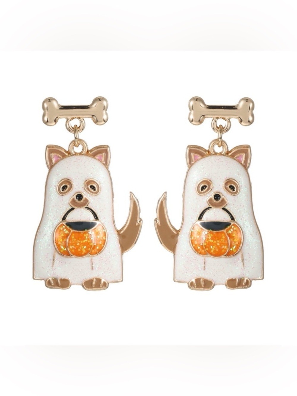 Ghost Dog Pumpkin Dangle Earrings Halloween Goldtone NWT - Picture 3 of 6
